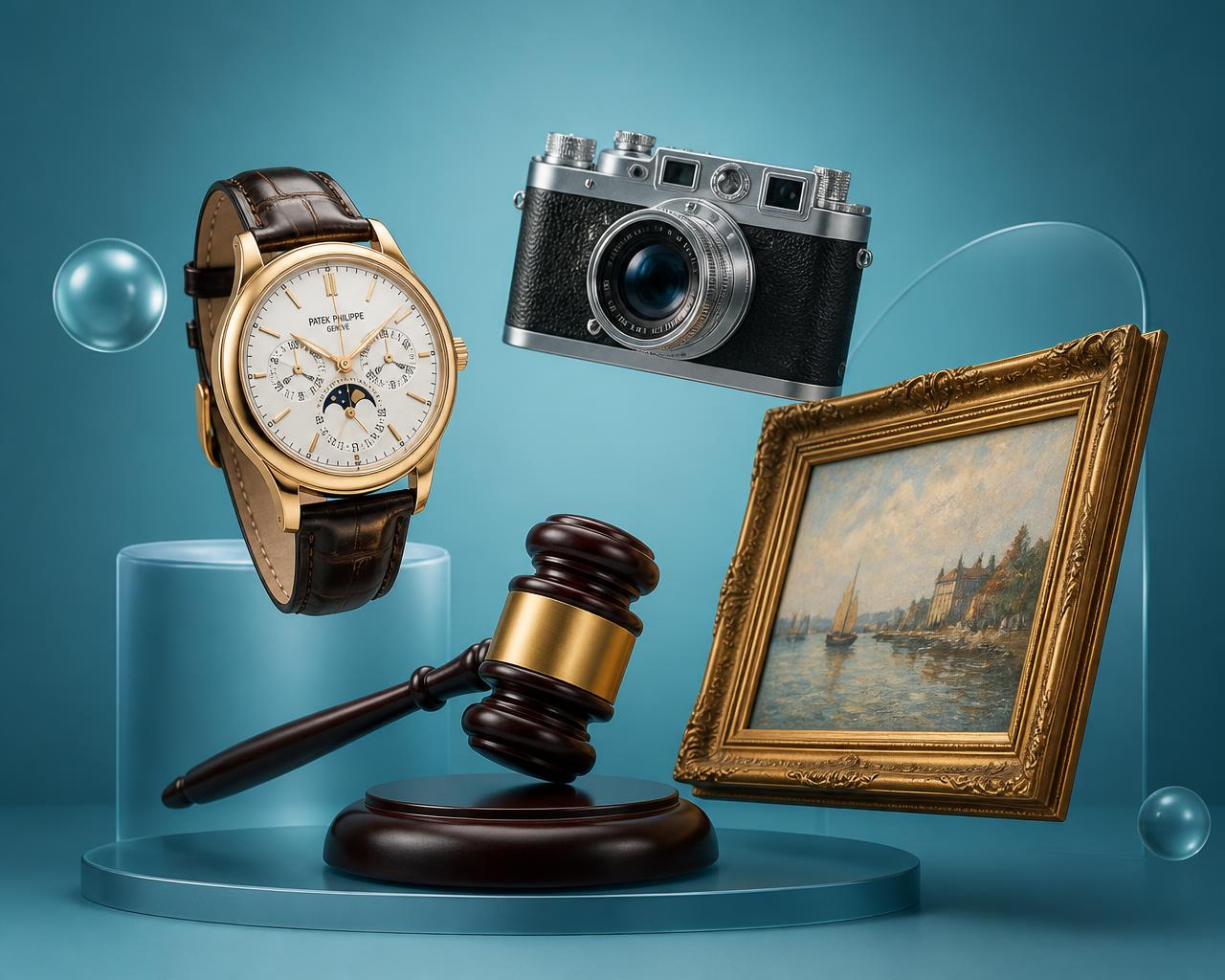 Auction gavel with a luxury watch, camera and framed painting